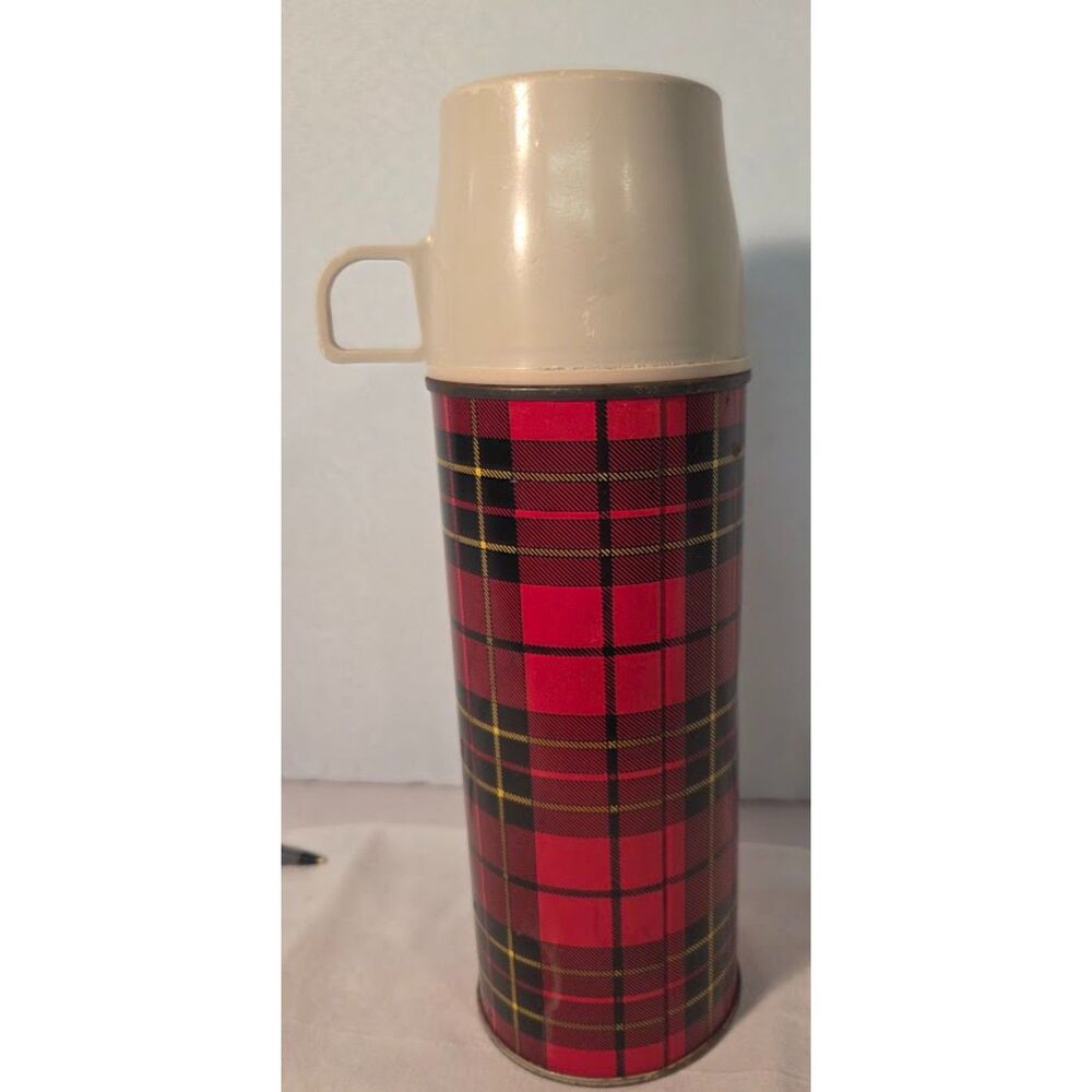 Vintage Thermos Plaid Vacuum Bottle Red Tartan Camping Coffee Jug